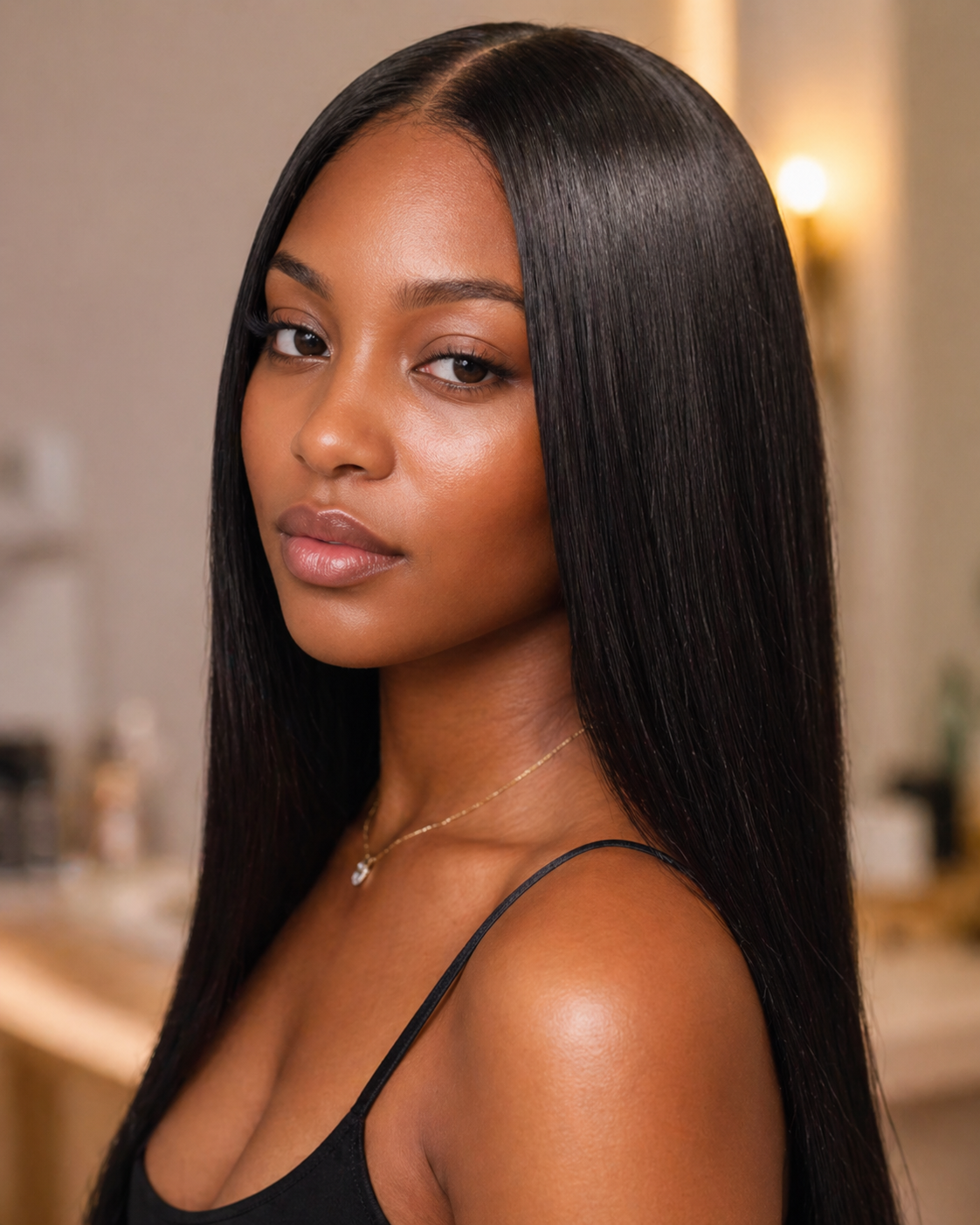 Silk press style with a sleek glossy finish